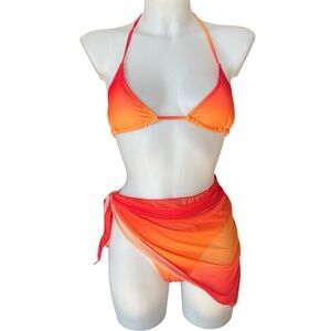 Vintage 80’s Three Piece Matching Orange Ombré Bikini & Sarong Set Size Small